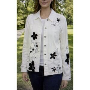 Coldwater Creek Large retro white jeans jacket floral embroidered grannycore